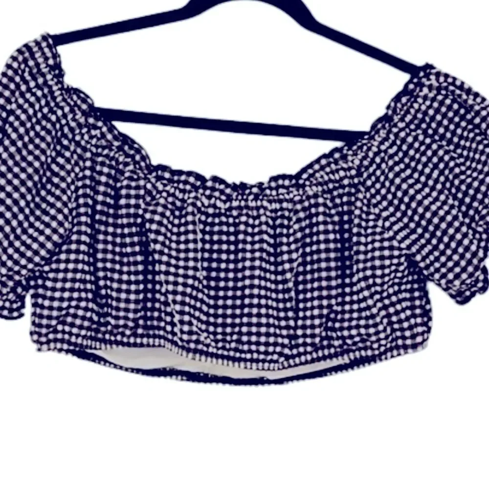 Kate Spade Black White Off-The-Shoulder Check-Print Bikini Top Size S swimsuit
